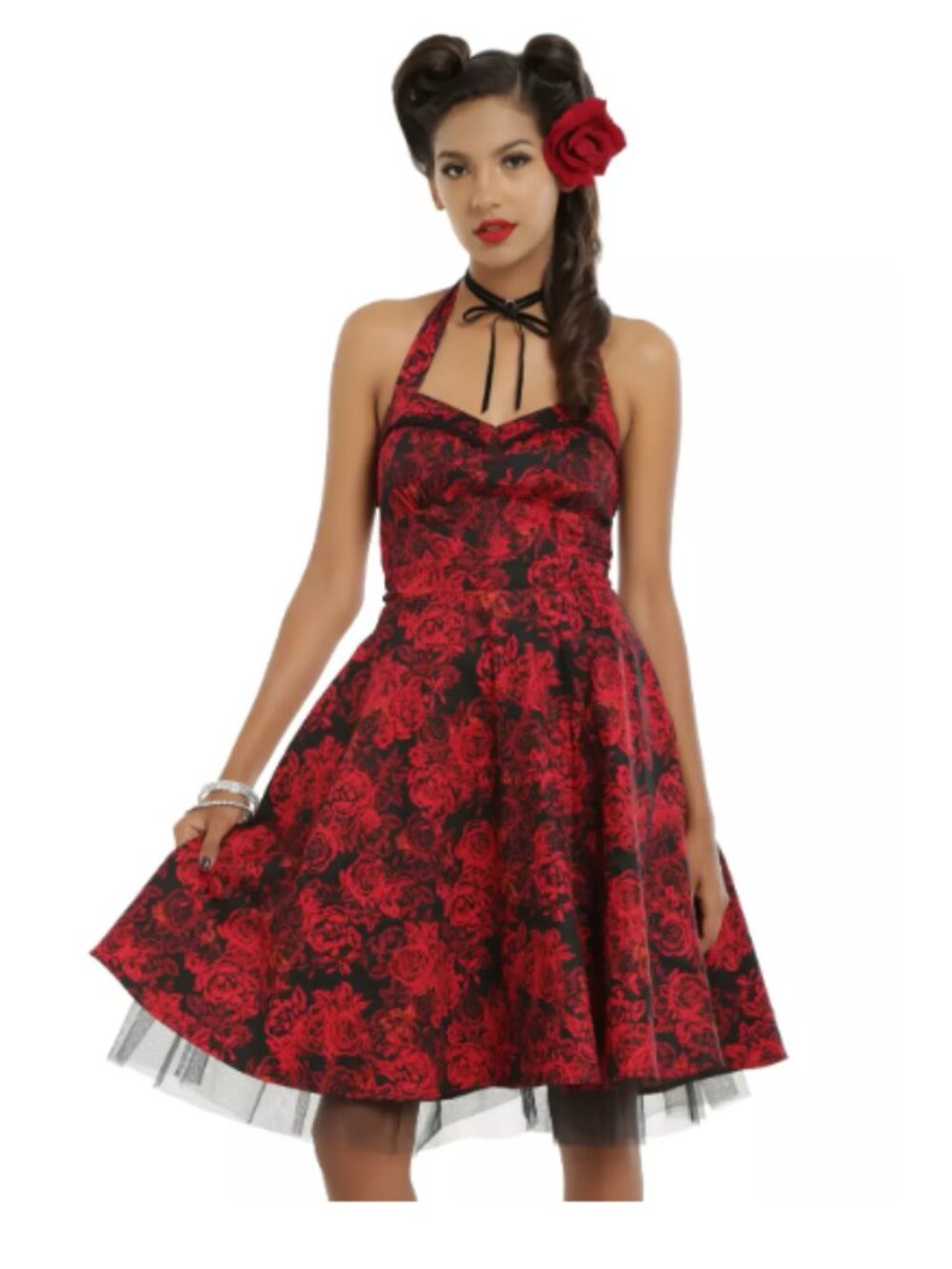Hot Topic Red & Black Floral Halter Swing Dress Pinup Retro Party Size XS NWT